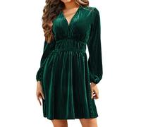 R.Vivimos Autunno Inverno Donna Velluto A Righe Mini Abito Manica Lunga Scollo A V Vita Impero A Line Skater, Verde scuro., L