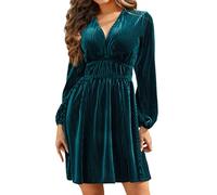 R.Vivimos Autunno Inverno Donna Velluto A Righe Mini Abito Manica Lunga Scollo A V Vita Impero A Line Skater, Foglia di t, L