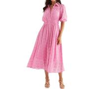 R.Vivimos Donna Abito Collare Manica Corta Estate Midi Abito Impero Vita Occhiello Ricamo Lungo Camicia con Tasche(M,Pink)