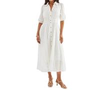R.Vivimos Donna Abito Collare Manica Corta Estate Midi Abito Impero Vita Occhiello Ricamo Lungo Camicia con Tasche(L,White)