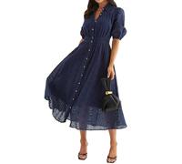 R.Vivimos Donna Abito Collare Manica Corta Estate Midi Abito Impero Vita Occhiello Ricamo Lungo Camicia con Tasche(M,Navyblue)
