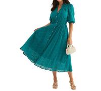 R.Vivimos Donna Abito Collare Manica Corta Estate Midi Abito Impero Vita Occhiello Ricamo Lungo Camicia con Tasche(XL,Darkgreen)