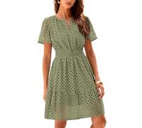 R.Vivimos Donna Estate Cotone Mini Abito V Collo Manica Corta Elastico Vita A Linea Cavo Fuori Abito Casual(S,ArmyGreen)