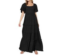 R.Vivimos Donna Estate Maxi Abito Polka DOT Quadrato Collo maternità Fumo Impero Vita Livelli Ruffle Abito Cottagecore(XL,Black)