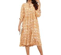 R.Vivimos Donna Scollo a V Lanterna Manica Boho Floreale Midi Vestito Mezza Manica Cotone Loose Fit Fluwy Abito Lungo Vacanza(XL,Giallo)