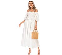 R.Vivimos Donne Abito Casual Bohémien Mezza Manica Scollo Quadrato Punto Floreale Vestito Lungo Midi Elegante da Spiaggia (White,XL)