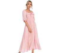 R.Vivimos Donne Abito Casual Bohémien Mezza Manica Scollo Quadrato Punto Floreale Vestito Lungo Midi Elegante da Spiaggia (Pink,XL)