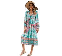 R.Vivimos Donne Eleganti Casual Bohemian Print Neck Tie Maniche Lunghe Abito da Spiaggia Lungo Midi Vestito Vacanze(XL,Ciano Chiaro)