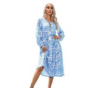 R.Vivimos Donne Eleganti Casual Bohemian Print Neck Tie Maniche Lunghe Abito da Spiaggia Lungo Midi Vestito Vacanze(S,AzureBlue)
