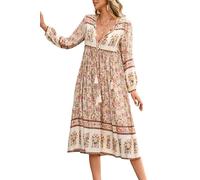 R.Vivimos Donne Eleganti Casual Bohemian Print Neck Tie Maniche Lunghe Abito da Spiaggia Lungo Midi Vestito Vacanze(XL,Crema)