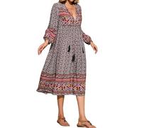 R.Vivimos Donne Eleganti Casual Bohemian Print Neck Tie Maniche Lunghe Abito da Spiaggia Lungo Midi Vestito Vacanze(XL,Nero#3)