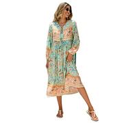 R.Vivimos Donne Eleganti Casual Bohemian Print Neck Tie Maniche Lunghe Abito da Spiaggia Lungo Midi Vestito Vacanze(M,Aqua)