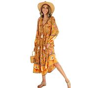 R.Vivimos Donne Eleganti Casual Bohemian Print Neck Tie Maniche Lunghe Abito da Spiaggia Lungo Midi Vestito Vacanze(XXL,Goldenrod)