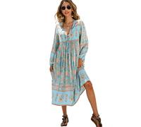 R.Vivimos Donne Eleganti Casual Bohemian Print Neck Tie Maniche Lunghe Abito da Spiaggia Lungo Midi Vestito Vacanze(XXL,Blu Cielo#1)
