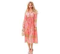 R.Vivimos Donne Eleganti Casual Bohemian Print Neck Tie Maniche Lunghe Abito da Spiaggia Lungo Midi Vestito Vacanze(L,Rosa Corallo)