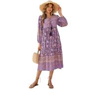R.Vivimos Donne Eleganti Casual Bohemian Print Neck Tie Maniche Lunghe Abito da Spiaggia Lungo Midi Vestito Vacanze(XL,Viola Scuro)