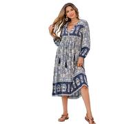 R.Vivimos Donne Eleganti Casual Bohemian Print Neck Tie Maniche Lunghe Abito da Spiaggia Lungo Midi Vestito Vacanze(M,SmokeBlack)