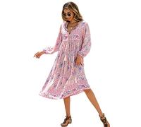 R.Vivimos Donne Eleganti Casual Bohemian Print Neck Tie Maniche Lunghe Abito da Spiaggia Lungo Midi Vestito Vacanze(L,Rosa Chiaro)