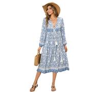 R.Vivimos Donne Eleganti Casual Bohemian Print Neck Tie Maniche Lunghe Abito da Spiaggia Lungo Midi Vestito Vacanze(L,Azzurro)