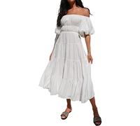 R.Vivimos Donne Estate Boho off Shoulder Manica Gonfiabile Abito Midi Backless A Line Increspature Graduate Abito Lungo da Spiaggia con Cintura(M,Bianco)