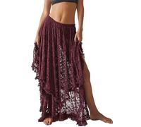 R.Vivimos Donne Estate Boho Pizzo Spiaggia Cover Up Maxi Gonna Trasparente Swing Increspature Irregolare Orlo Gonne Lunghe(L,Maroon)