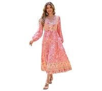 R.Vivimos Donne Estate Casual Elegante Retro Bohemian Floreale Lungo Abito a Maniche Lunghe Scollo a V Vestito Sciolto Maxi(L,Rosa Chiaro)