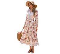 R.Vivimos Donne Estate Casual Elegante Retro Bohemian Floreale Lungo Abito a Maniche Lunghe Scollo a V Vestito Sciolto Maxi(L,White-DusryPink)