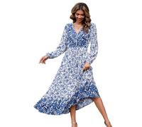 R.Vivimos Donne Estate Casual Elegante Retro Bohemian Floreale Lungo Abito a Maniche Lunghe Scollo a V Vestito Sciolto Maxi(M,Bianco Blu)