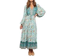 R.Vivimos Donne Estate Casual Elegante Retro Bohemian Floreale Lungo Abito a Maniche Lunghe Scollo a V Vestito Sciolto Maxi(S,Verde)
