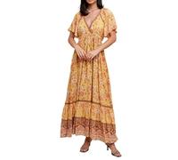 R.Vivimos Donne Estate Manica Corta Collo a V Abiti Boho Floreale Patchwork Abito Impero Vita A Line Increspature Maxi Abito(XL,Yellow)