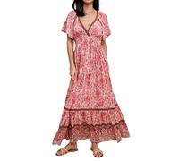 R.Vivimos Donne Estate Manica Corta Collo a V Abiti Boho Floreale Patchwork Abito Impero Vita A Line Increspature Maxi Abito(L,Rosa)