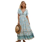 R.Vivimos Donne Estate Manica Corta Collo a V Abiti Boho Floreale Patchwork Abito Impero Vita A Line Increspature Maxi Abito(S,BlueTurquoise)