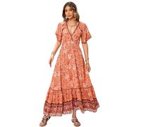 R.Vivimos Donne Estate Manica Corta Collo a V Abiti Boho Floreale Patchwork Abito Impero Vita A Line Increspature Maxi Abito(XL,Arancia)