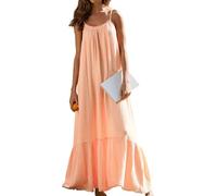 R.Vivimos Donne Estate Spaghetti Strap Senza Maniche Plus Size Maxi Abito Backless Boho Abito da Sole Ruffle Abito Lungo Spiaggia(M,PeachFuzz)