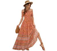 R.Vivimos Estate Donne Boho Floreale off Shoulder Maxi Vestito Manica Corta Smock Flowy Abito Lungo Spiaggia(L,Arancia)