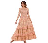 R.Vivimos Estate Donne Boho Floreale off Shoulder Maxi Vestito Manica Corta Smock Flowy Abito Lungo Spiaggia(XL,Tan)