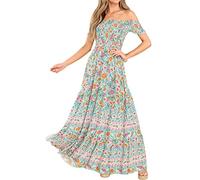 R.Vivimos Estate Donne Boho Floreale off Shoulder Maxi Vestito Manica Corta Smock Flowy Abito Lungo Spiaggia(XL,Verde)