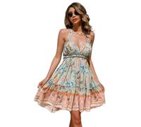 R.Vivimos Vestito Corto da Donna Estivo Boho Sexy Profondo Scollo A V Senza Maniche Halter Abito Corto Backless Volant Swing Mini Abito(L,Aqua-Floreale)