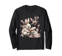 Rabbit Reading Books for Bunny Mom Cherry Blossom Flowers Maglia a Manica