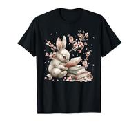 Rabbit Reading Books for Bunny Mom Cherry Blossom Flowers Maglietta