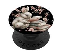 Rabbit Reading Books For Bunny Mom Cherry Blossom Flowers PopSockets PopGrip Adesivo