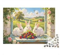 Rabbits with Berries on Windowsill Jigsaw Puzzles,1000 Pezzi Puzzle Wildlife, Gioco Familiare, Festa Aziendale, Regalo Per Amore E Amico 52x38cm/1000pcs