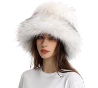 RABNZHDEO Cappello Invernale da Donna con Pelliccia - Cappello A Secchiello Fuzzy Moda Y2k Cappelli da Pesca in Pelliccia Sintetica, Morbidi E Caldi Stile Russo per Lo Sci sulla Neve(White)