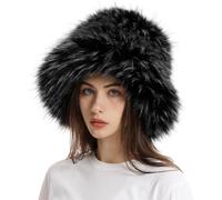 RABNZHDEO Cappello Invernale da Donna con Pelliccia - Cappello A Secchiello Fuzzy Moda Y2k Cappelli da Pesca in Pelliccia Sintetica, Morbidi E Caldi Stile Russo per Lo Sci sulla Neve(Black)