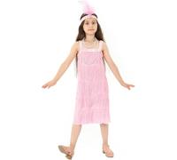 Rabtero Bambini Roaring the 20s Fancy Dress Costume, ragazze Flapper Dress con collana di perle e fascia di piuma, Gangster Flapper Dress per ragazze, rosa, X-Large 10-12