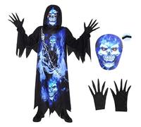Rabtero Bambino Grim Reaper Costume, Halloween Dark Ghost Phantom Costume, Spooky Robe con maschera stampata e guanti per bambini 4-6 anni