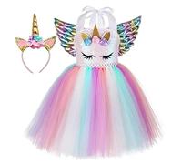 Rabtero Bambino Unicorno Costume, Bambini Unicorno Princess Fancy Dress, Pink Unicorn Ballet Tutu Abito con fascia e ali per le ragazze 8-9 anni