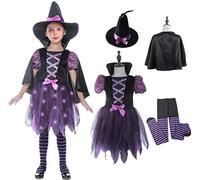 Rabtero Costume della strega di Halloween per bambini, accendi il vestito viola della strega con cappello, capo e collant, Halloween Witch Dress Up per le ragazze 5-6 anni