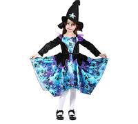 Rabtero Costume della strega di Halloween per bambini, scintillante vestito della strega blu con cappello, Halloween Strega Vestiti per ragazze 9-10 anni