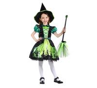 Rabtero Costume di strega di Halloween per bambini, vestito di strega verde di lusso con cappello, Halloween Strega Vestiti per ragazze 7-8 anni